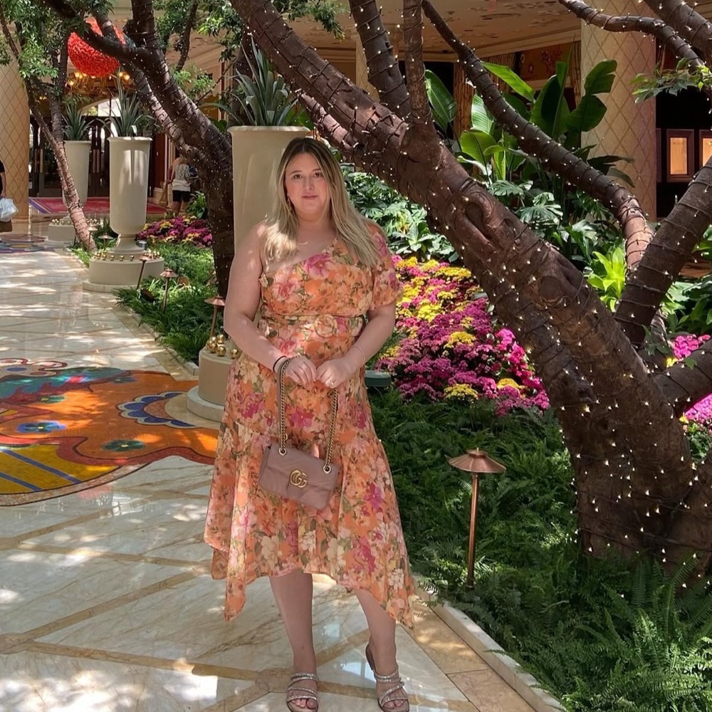 Vici Floral One Shoulder Midi Dress in Orange/Pink